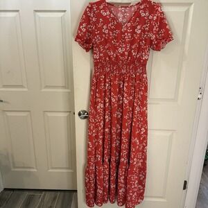 Unbranded Floral Midi Tiered Dress Size M Red, Elastic Waist Short Sleeve‎